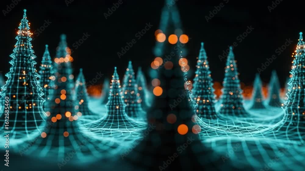 Poster a futuristic digital landscape featuring glowing wireframe trees set against a dark background creat