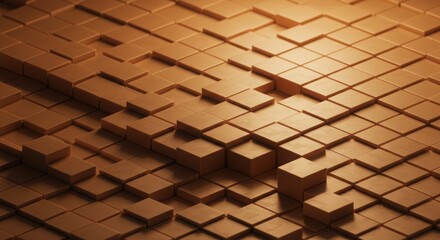 3D abstract grid of orange cubes arranged in a stepped, geometric pattern, with soft lighting and shadows creating depth and a modern, tech-inspired aesthetic.