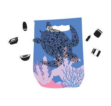 Ocean Pollution Turtle swimming in a sea of trash