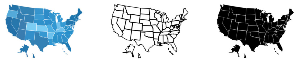 Bold black silhouette map of the United States, showing its geographic shape in a clean and minimalist design. Ideal for modern graphics and visual identity.