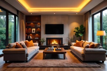 Cozy family room interior design featuring comfortable seating, warm lighting, and inviting decor Perfect for relaxation and family gatherings , space, window, design