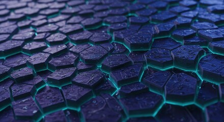 Futuristic hexagonal surface with glowing teal edges and circuit-like patterns, resembling advanced digital or sci-fi technology in a dark, moody palette.