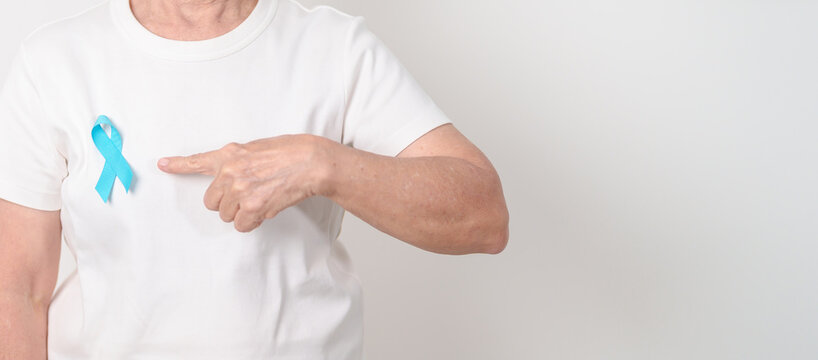 Elderly with blue Ribbon for Prostate Cancer Awareness month, April Child Abuse Prevention, National Bullying, September Addiction Recovery, May Chronic Fatigue Syndrome and January Human Trafficking