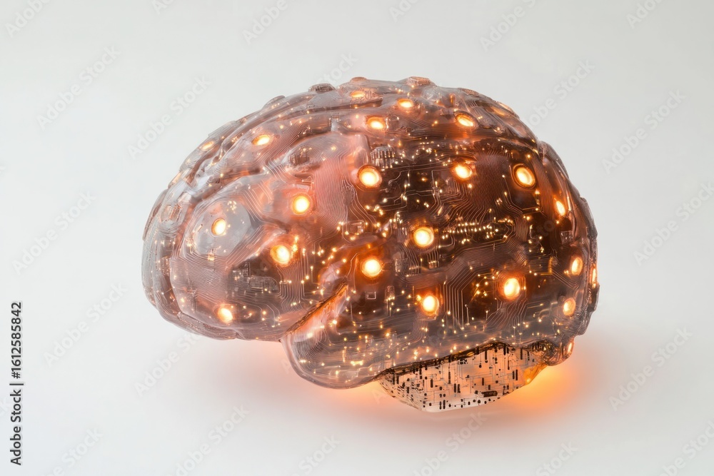 Poster illuminated mind: a luminous brain model with a network of interconnected lights. this conceptual im