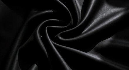 Fototapeta premium A dark, moody background of a wrinkled piece of black silk fabric, with soft, elegant highlights and deep, shadowy folds that show its texture.