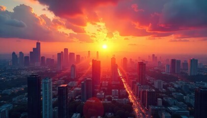 Fototapeta premium A vibrant sunrise over a cityscape, symbolizing hope and optimistic growth for tomorrow Perfect for projects focused on positive change and future prospects , technology, bright