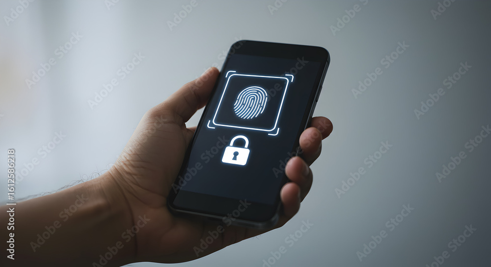 Poster hand holding smartphone with fingerprint scan and padlock on screen for digital security and biometr