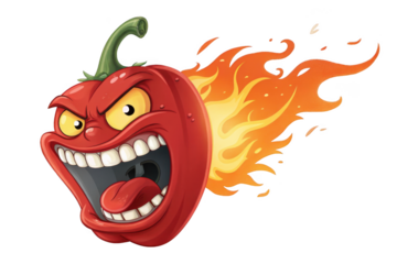 Angry red pepper on fire with cartoon flames isolated on transparent background