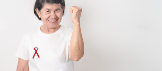 Elderly with Burgundy Ribbon for March Multiple Myeloma Cancer Awareness month, September Sickle Cell Anemia, Headache and Migraine week, April world Meningitis day, October Hospice  Palliative care
