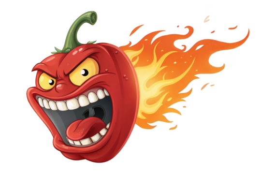 Angry red pepper on fire with cartoon flames isolated on transparent background - Powered by Adobe