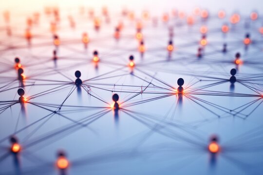 Network Connection: Illuminated nodes interconnected, symbolizing global digital connections and data exchange, within a sleek technological design
