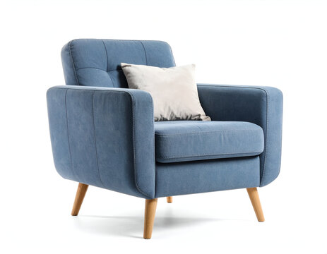 A stylish blue armchair with low arms and a compact modern design, featuring a soft cushion, isolated on a white backdrop for interior concepts.