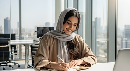 A Muslim woman in a hijab thoughtfully writes in a notebook at her modern desk, showcasing professionalism and focus.