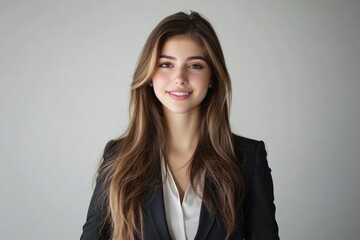 Corporate Portrait of Professional Woman: A poised and confident young professional woman, with cascading hair, dons a business suit, projecting competence and approachability.