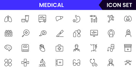 Medical vector line icons featuring stethoscopes, syringes, pills, hospitals, doctors, heartbeats, first aid, diagnostics, and healthcare equipment symbols.
