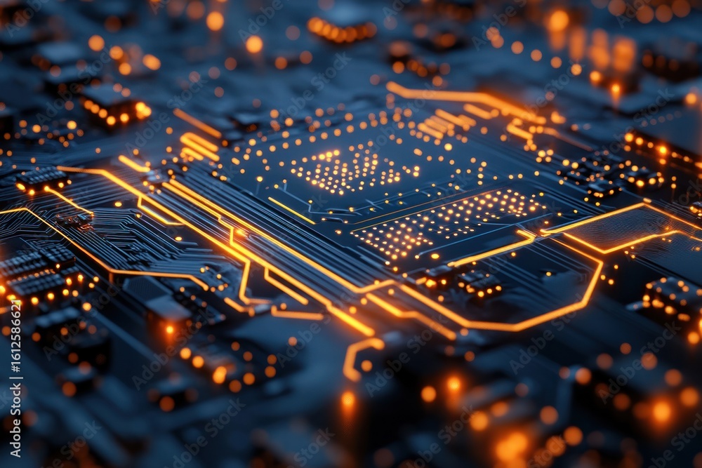 Poster circuit board brilliance: a close-up shot revealing the intricate network of a circuit board, with i