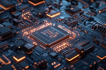 Circuit Board Brilliance: A macro shot of a sophisticated circuit board pulses with an electrifying array of light, embodying the cutting edge of technological innovation.