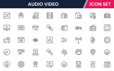 Audio video vector line icons featuring speakers, microphones, cameras, headphones, film reels, sound waves, recording devices, and media playback controls.