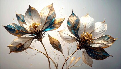 Elegant floral arrangement with gold accents and blue highlights on white background