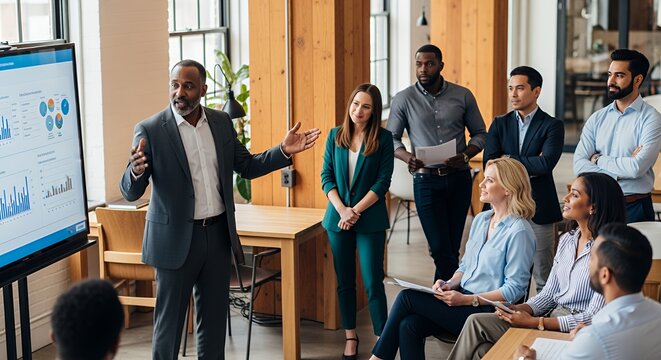 A diverse group of professionals attentively listens as a confident speaker presents data on a digital display during a productive business meeting.