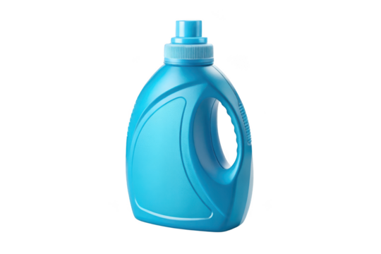 Blue plastic bottle with handle for cleaning products isolated on transparent background