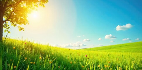 A vibrant summer scene bathed in golden sunlight  Perfect for travel, vacation, or seasonal themes  Shows lush green grass, clear blue sky, and bright sunlight , cheerful, peaceful