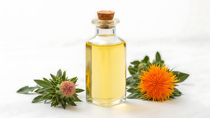 safflower oil in a glass bottle beside safflower on a white background