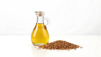 Golden flaxseed oil in a glass bottle with a pile of seeds
