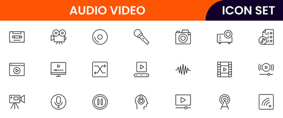 Audio video vector line icons featuring speakers, microphones, cameras, headphones, film reels, sound waves, recording devices, and media playback controls.