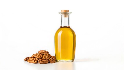 pecan oil in a glass bottle on a white background