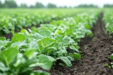 Lush Green Crop Rows: Capture the vibrant essence of agriculture with a photorealistic view of meticulously aligned green crops growing in rich, fertile soil.