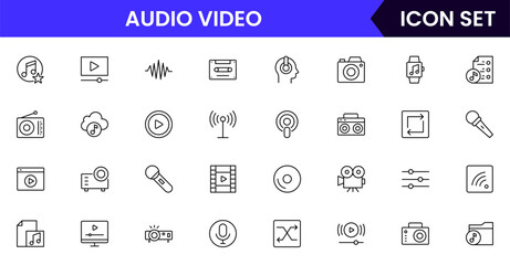 Audio video vector line icons featuring speakers, microphones, cameras, headphones, film reels, sound waves, recording devices, and media playback controls.