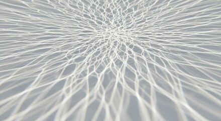 Abstract light reflection pattern resembling neural or mesh structures, with glowing white lines radiating from a central point on a soft gray surface.