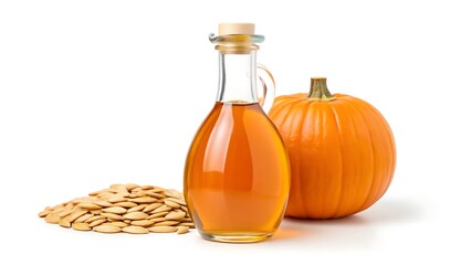 Pumpkin seed oil in a glass bottle on a white background