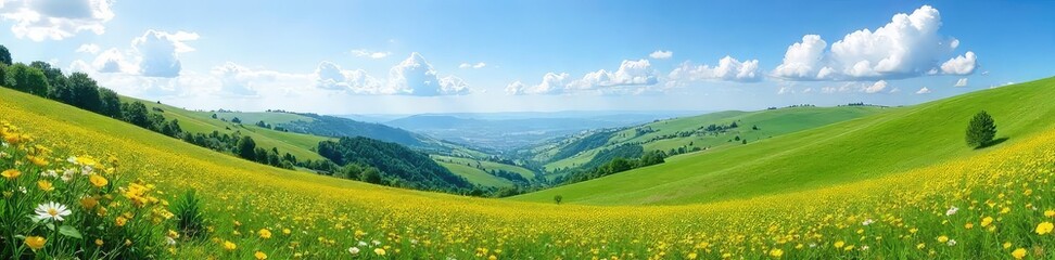 Fototapeta premium A breathtaking panoramic view of rolling green hills, vibrant wildflowers, and a clear blue sky Perfect for travel, nature, and landscape projects , picturesque, hills