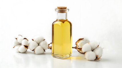 Cottonseed oil in a glass bottle on a white background