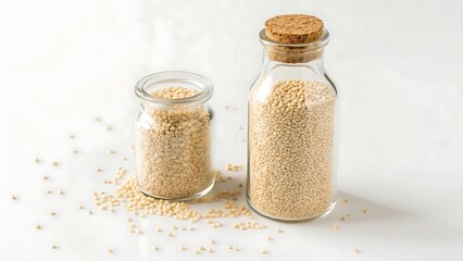 Two glass bottles filled with granulated material on a white surface