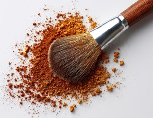 Makeup brush sits amidst a scattering of shimmering, copper and gold hued powder against a stark white backdrop, creating a textural contrast