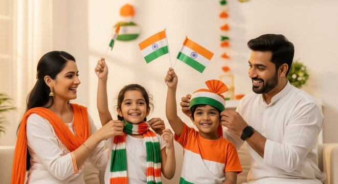 photo of happy Indian family celebrating Independence Day at home, children waving Indian national flags, parents helping them wear tricolor clothes, warm lighting, clean background