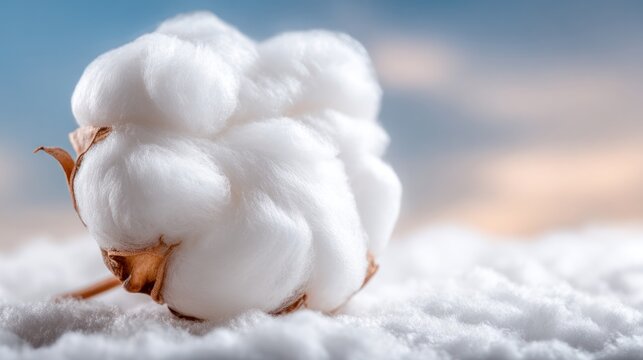 Soft Cotton Cluster: A close-up shot of a pristine, fluffy cotton bud, set against a blurred background of a serene sky, evokes feelings of softness and purity.