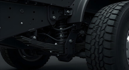 Heavy Duty Truck Suspension System Featuring Black Springs And Tires Against A Plain Background In Studio Shot