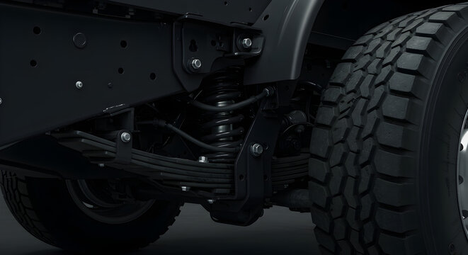 Fototapeta Heavy Duty Truck Suspension System Featuring Black Springs And Tires Against A Plain Background In Studio Shot