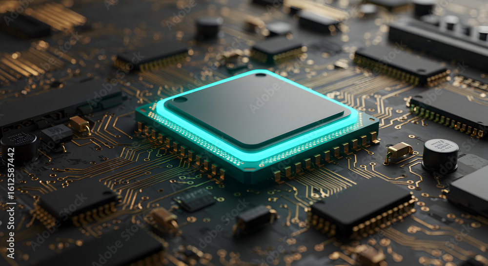 Poster illuminated microprocessor on circuit board with blue glow and intricate circuitry in a tech-focused