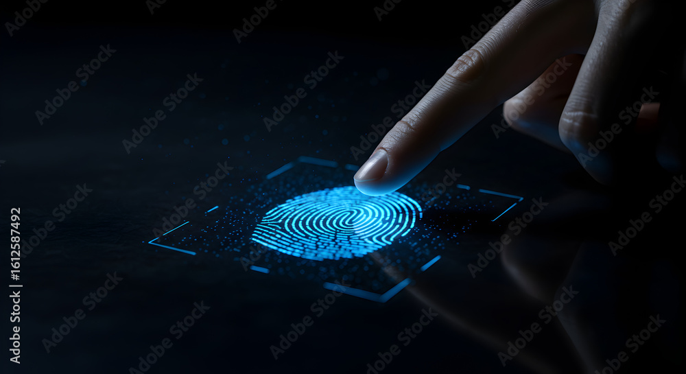 Poster index finger scanning digital fingerprint with blue light on dark reflective surface for security an