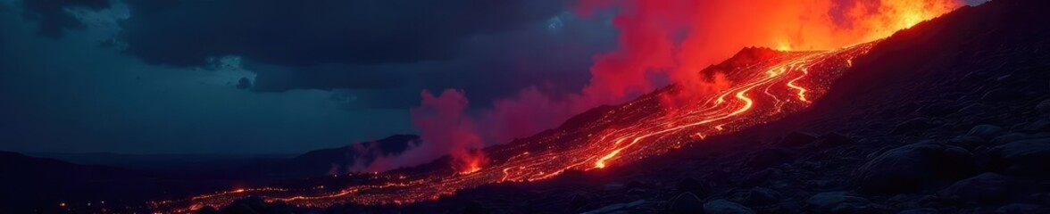 Obraz premium Molten lava flows relentlessly down a volcanic slope, glowing intensely against the dark night sky The destructive power of nature is on full display in this dramatic scene , lava, earth, night