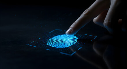 Index Finger Scanning Digital Fingerprint with Blue Light on Dark Reflective Surface for Security and Authentication
