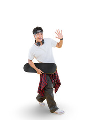 A skateboarder waving a friendly hello, wearing headphones on png background