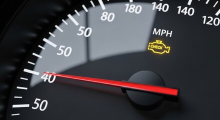 Illuminated Check Engine Light on Car Speedometer at 40 MPH