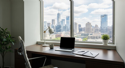 "private office corner with desk near large window, city view, soft daylight, laptop and notebook on table, no people"