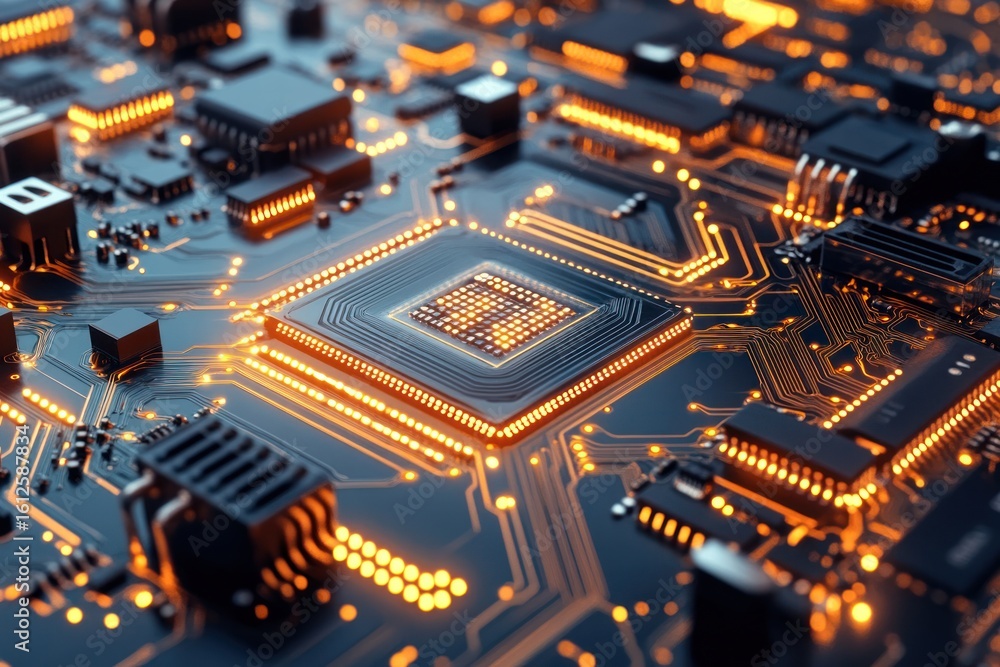 Poster circuit board's intricate detail: a close-up view showcases the complex design of a circuit board, i